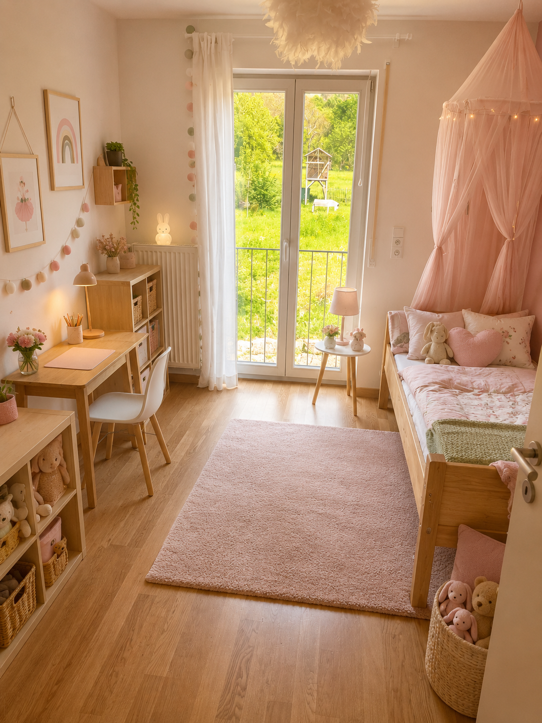 Kinderzimmer mit Schreibtisch und Zugang ins Freie